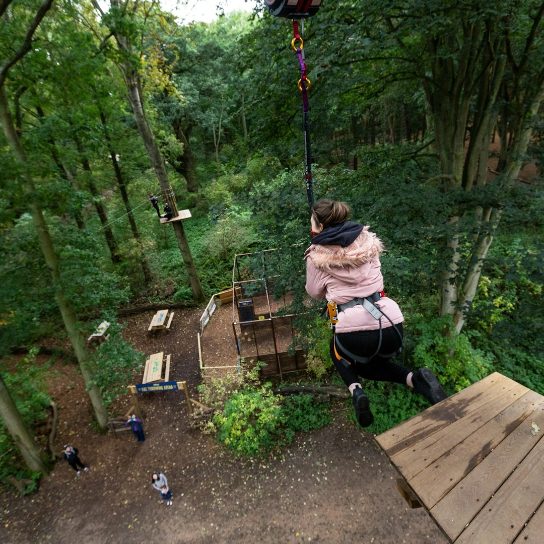 Person steps from a high platform wearing a harness.